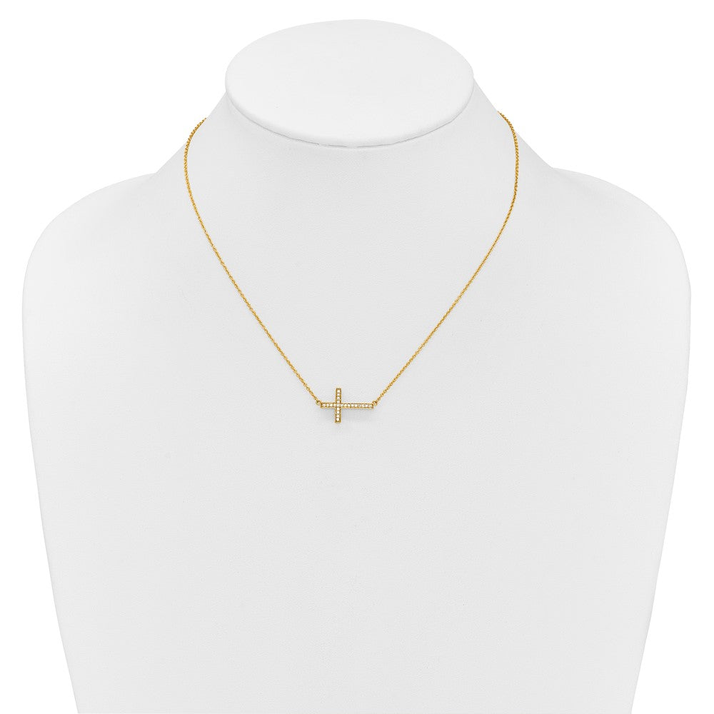 14K Yellow Gold Real Diamond Sideways Cross 18in Necklace