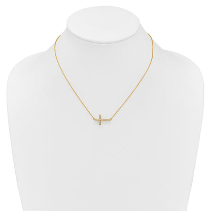 14K Yellow Gold Real Diamond Sideways Cross 18in Necklace