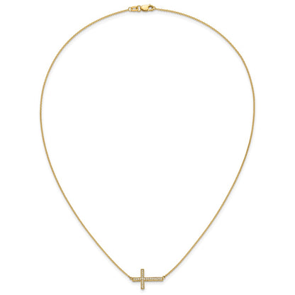 14K Yellow Gold Real Diamond Sideways Cross 18in Necklace