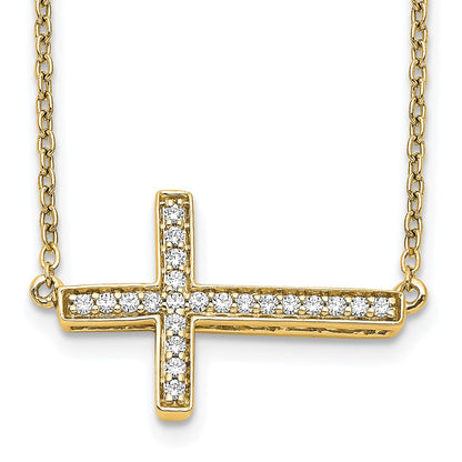 14K Yellow Gold Real Diamond Sideways Cross 18in Necklace