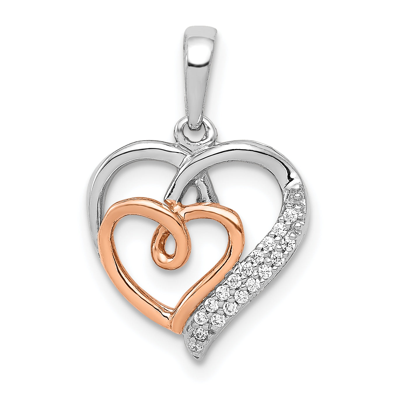 14K Two Tone White And Rose Gold 1/20Ct. Diamond Double Hearts Pendant