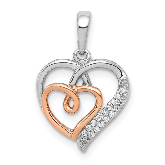 14K Two Tone White And Rose Gold 1/20Ct. Diamond Double Hearts Pendant