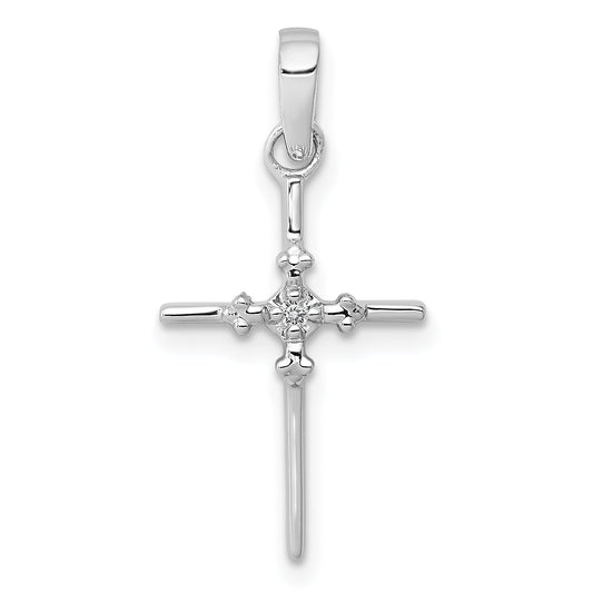 14K White Gold .01Ct. Diamond Polished Budded Cross Pendant