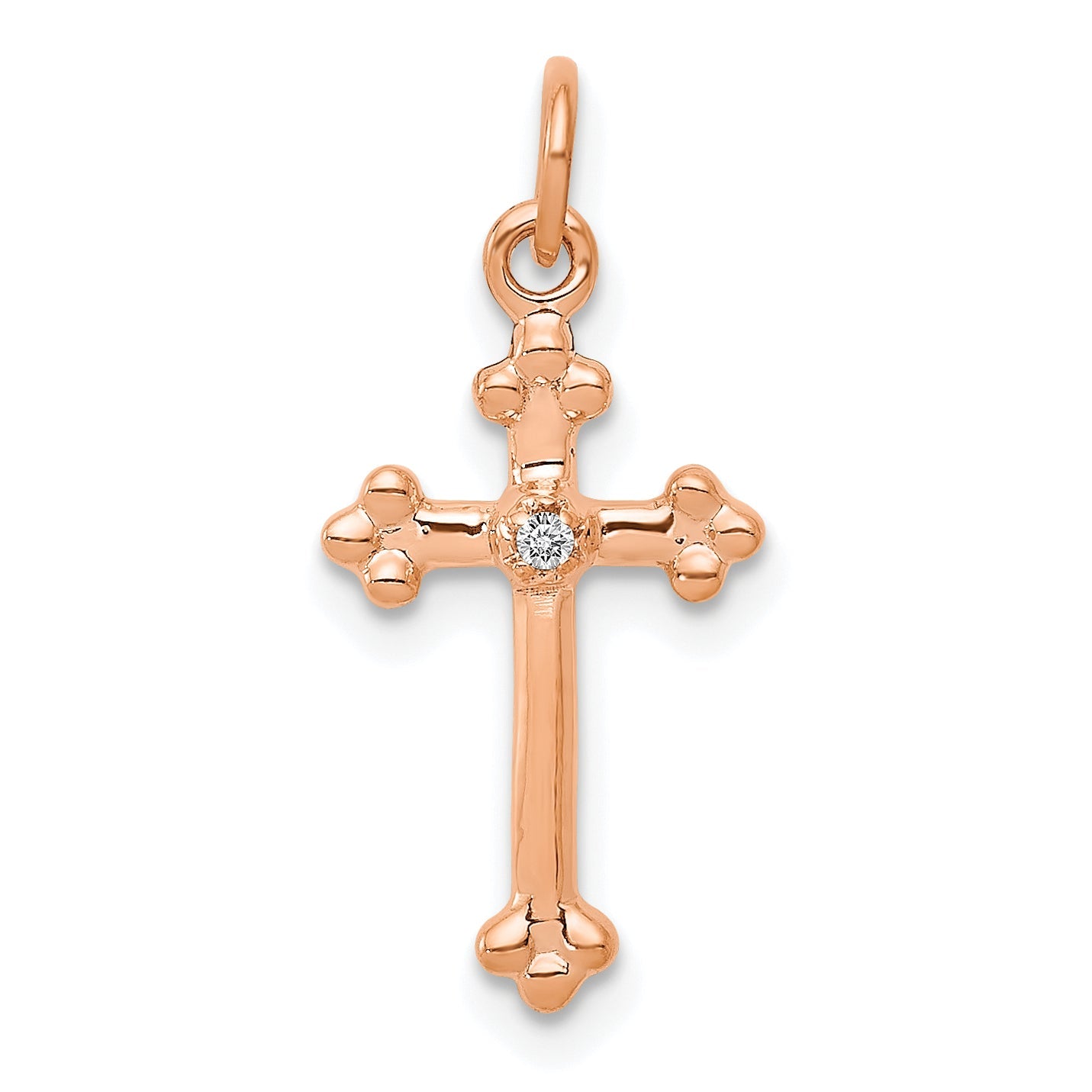 14K Rose Gold Small Diamond Budded Cross Pendant