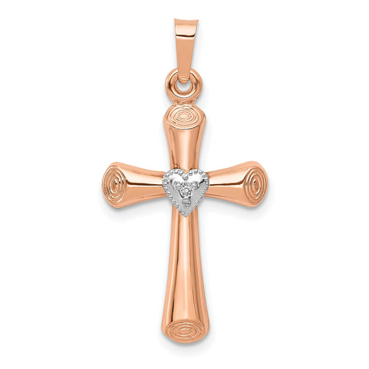 14K Two Tone Diamond Polished Hollow Latin Heart Cross Pendant