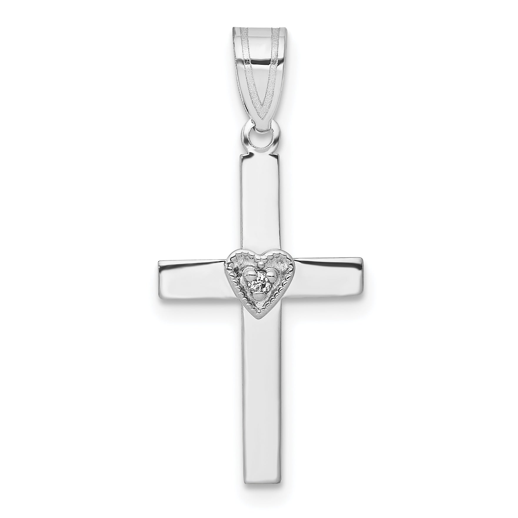 14K White Gold .01Ct Diamond Heart Cross Pendant
