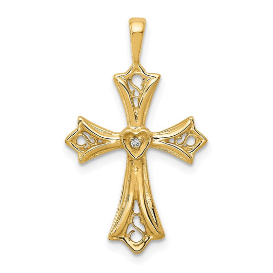 14K Yellow Gold AA Real Diamond Cross w/ Heart Center Pendant