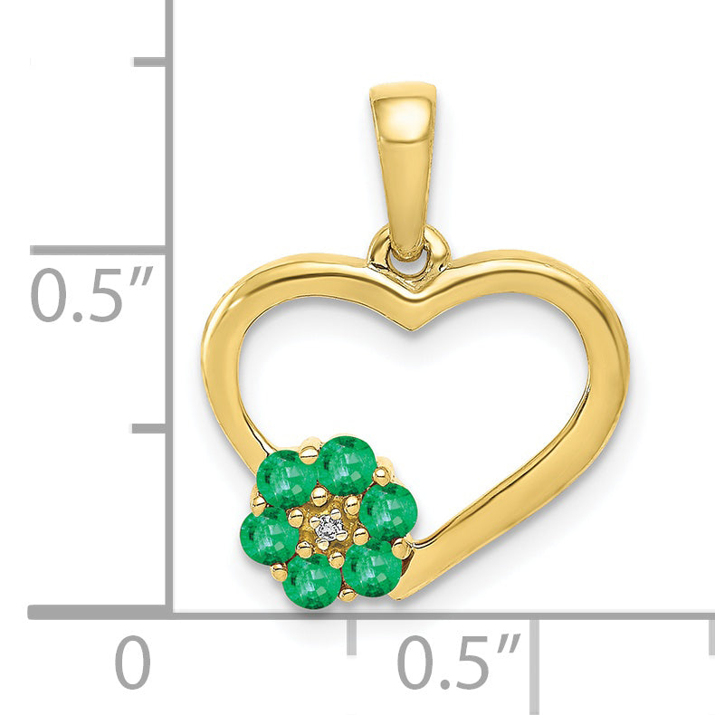 10K Yellow Gold Diamond And Emerald Heart Flower Pendant