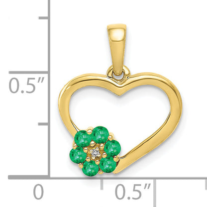 10K Yellow Gold Diamond And Emerald Heart Flower Pendant