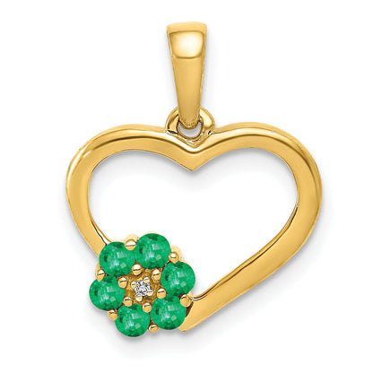 10K Yellow Gold Diamond And Emerald Heart Flower Pendant