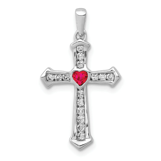 14K White Gold Lab Grown Diamond VS/SI FGH & Created Ruby Cross Pendant