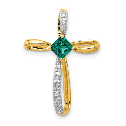 10K Yellow W/Rhodium Lab Created Emerald And Diamond Cross Pendant
