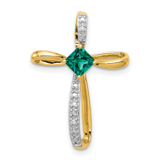 10K Yellow W/Rhodium Lab Created Emerald And Diamond Cross Pendant