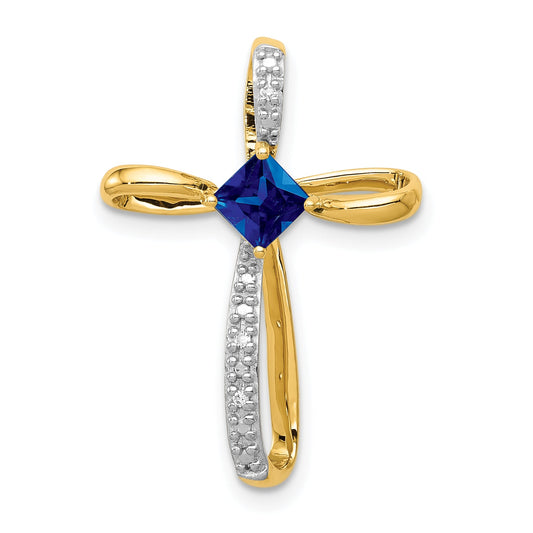 10K Yellow W/Rhodium Lab Created Sapph And Diamond Cross Pendant