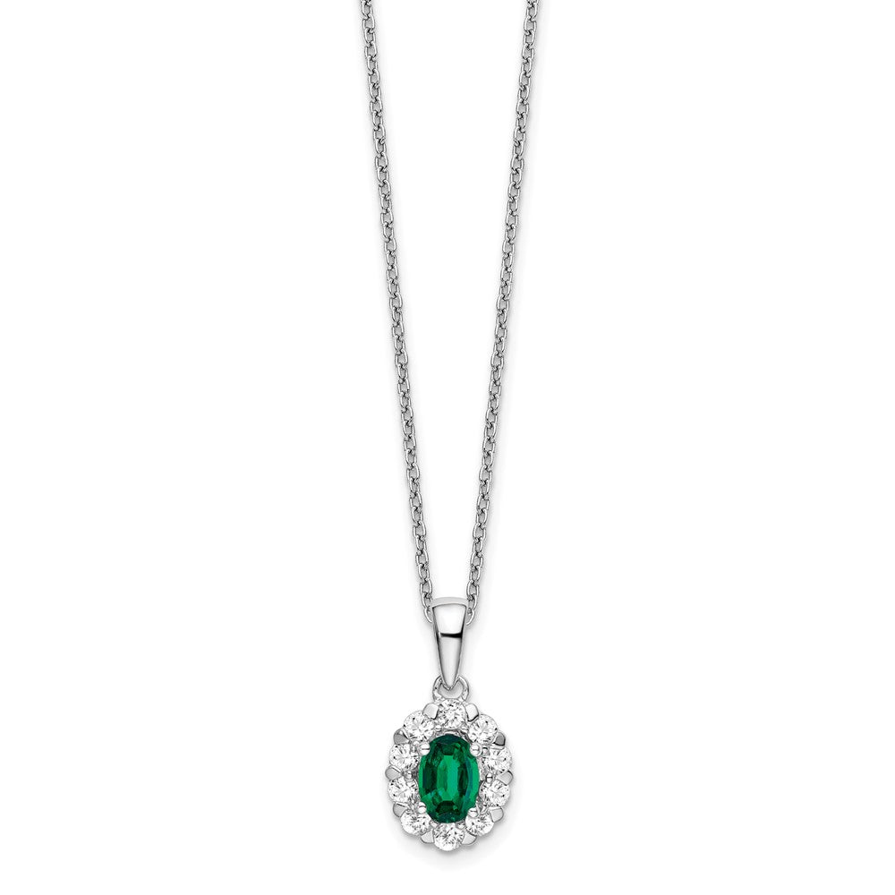 14k White Gold 1/2 Ct. Lab Grown Diamond VS/SI+ G+ and Oval Lab Created Emerald 18 inch Halo Pendant Necklace