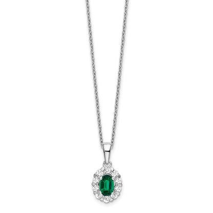 14k White Gold 1/2 Ct. Lab Grown Diamond VS/SI+ G+ and Oval Lab Created Emerald 18 inch Halo Pendant Necklace