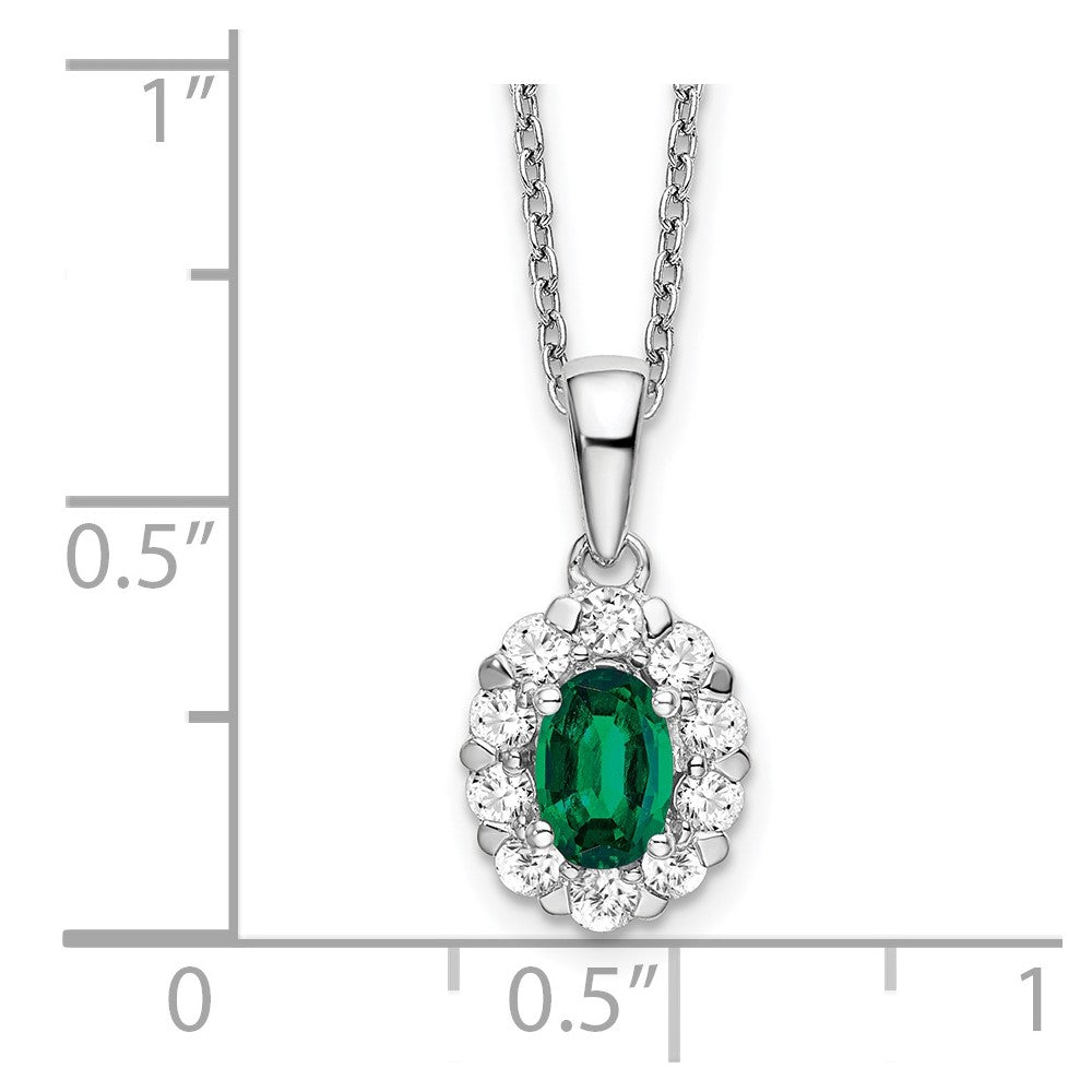 14k White Gold 1/2 Ct. Lab Grown Diamond VS/SI+ G+ and Oval Lab Created Emerald 18 inch Halo Pendant Necklace