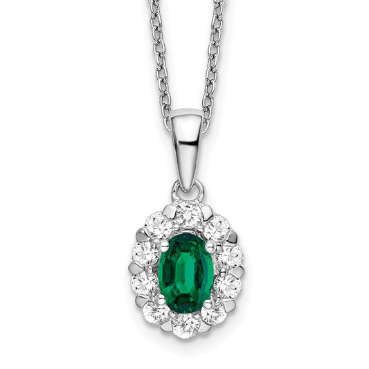 14k White Gold 1/2 Ct. Lab Grown Diamond VS/SI+ G+ and Oval Lab Created Emerald 18 inch Halo Pendant Necklace