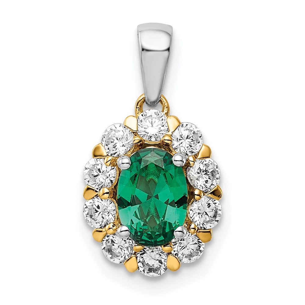 14k Two-Tone 1/2 Ct. Lab Grown Diamond VS/SI+ G+ and Lab Created Emerald Halo Pendant
