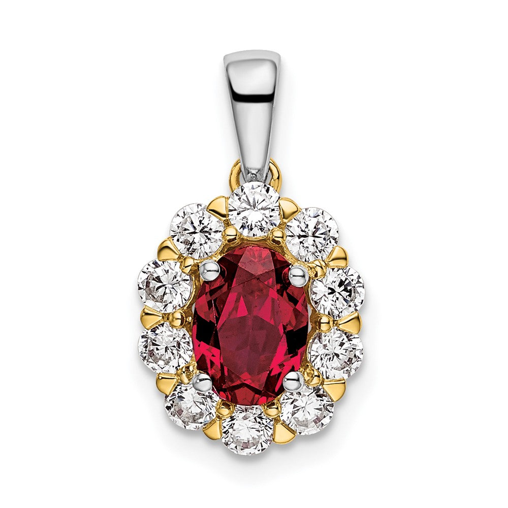 14k Two-Tone 1/2 Ct. Lab Grown Diamond VS/SI+ G+ and Lab Created Ruby Halo Pendant