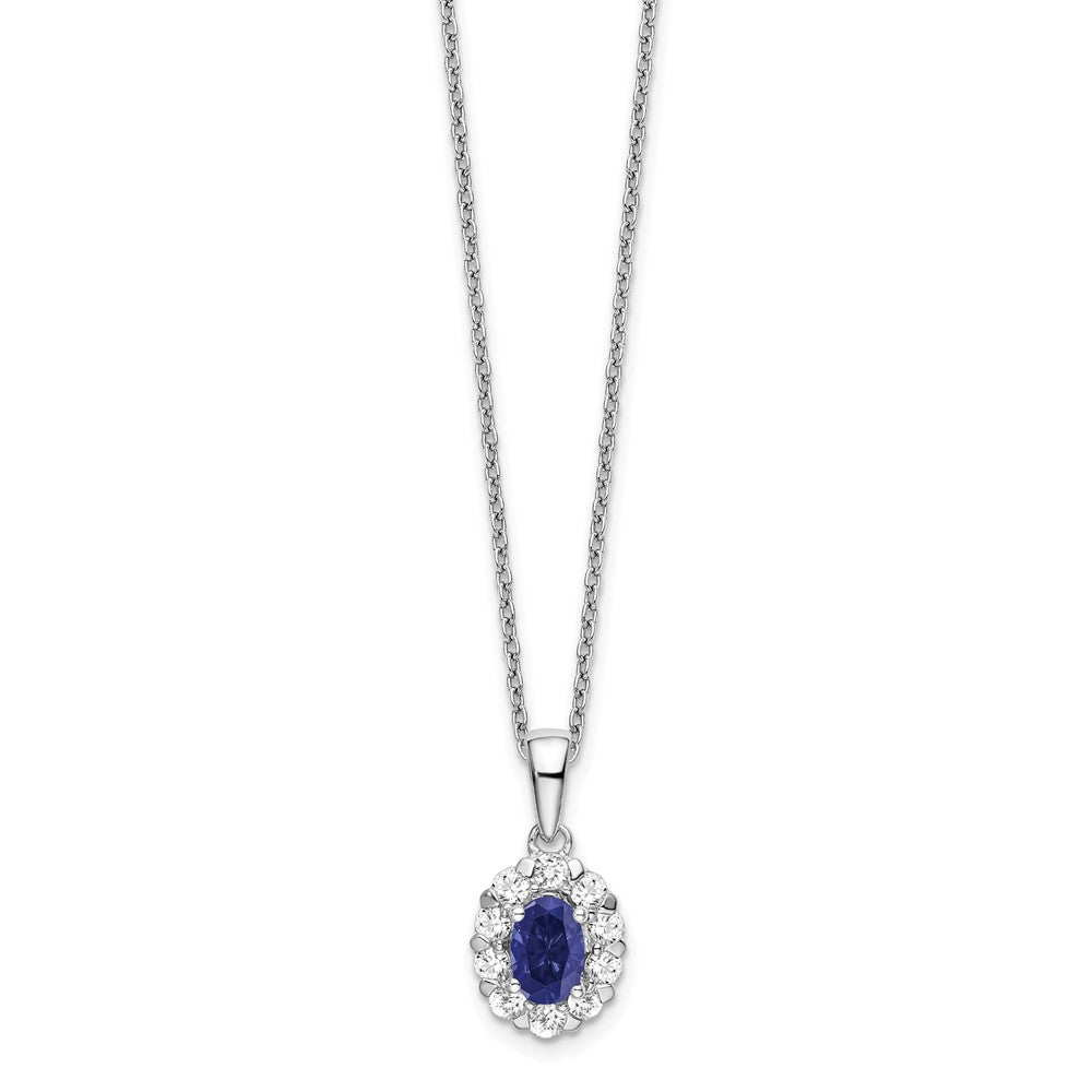 14k White Gold 1/2 Ct. Lab Grown Diamond VS/SI+ G+ and Oval Lab Created Blue Sapphire 18 inch Halo Pendant Necklace
