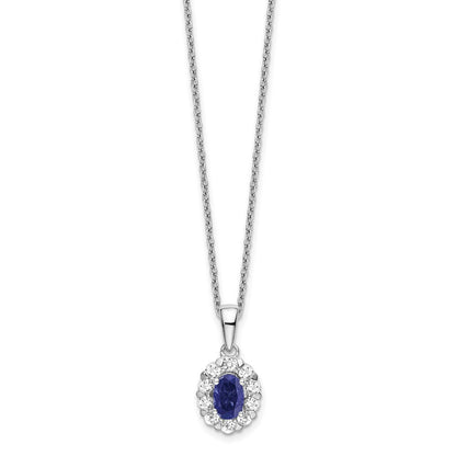 14k White Gold 1/2 Ct. Lab Grown Diamond VS/SI+ G+ and Oval Lab Created Blue Sapphire 18 inch Halo Pendant Necklace