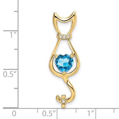 10K Yellow Gold Blue Topaz And Diamond Cat Pendant