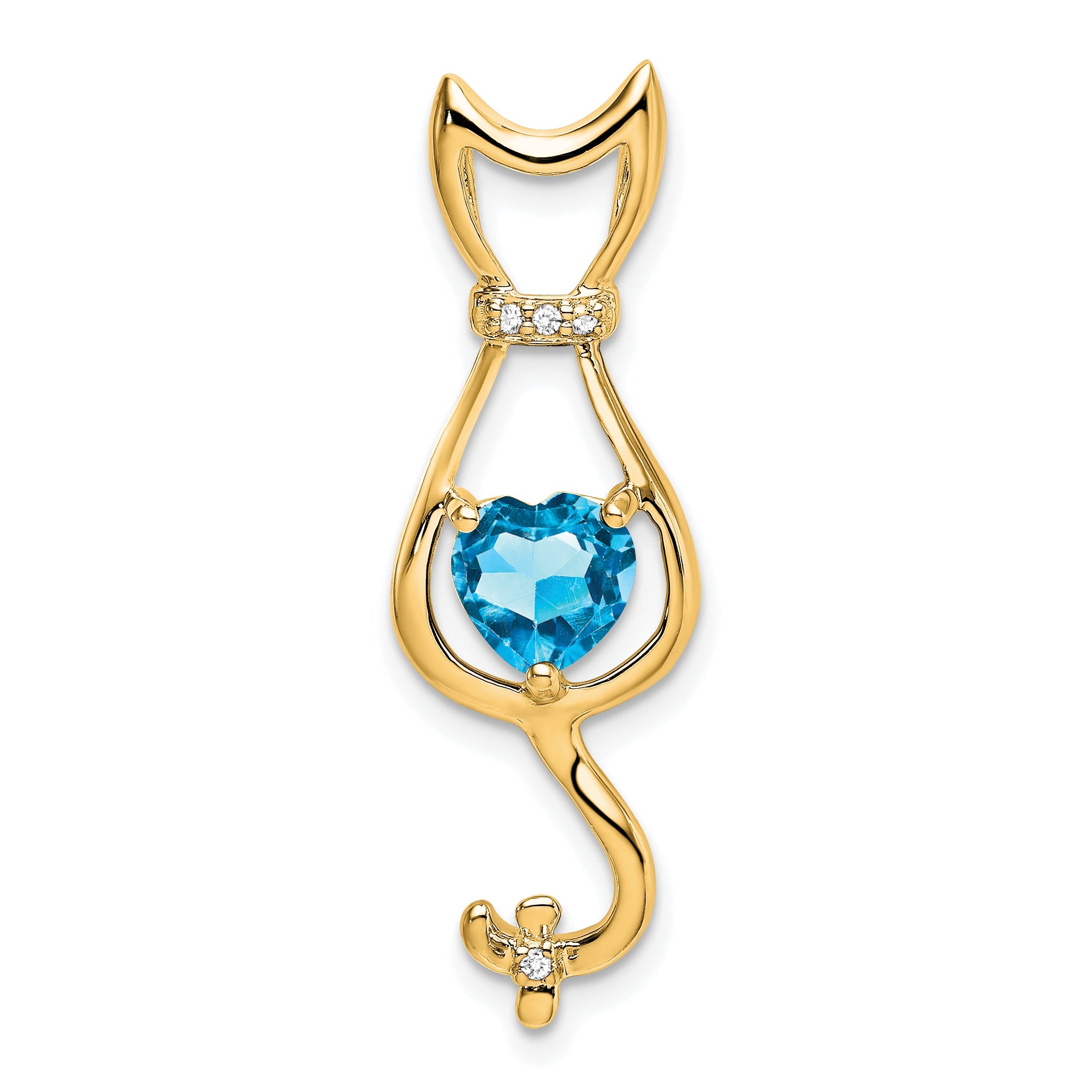 10K Yellow Gold Blue Topaz And Diamond Cat Pendant