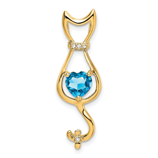 10K Yellow Gold Blue Topaz And Diamond Cat Pendant