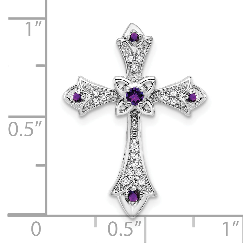 10K White Gold Amethyst And Diamond Fleur De Lis Cross Chain Slide