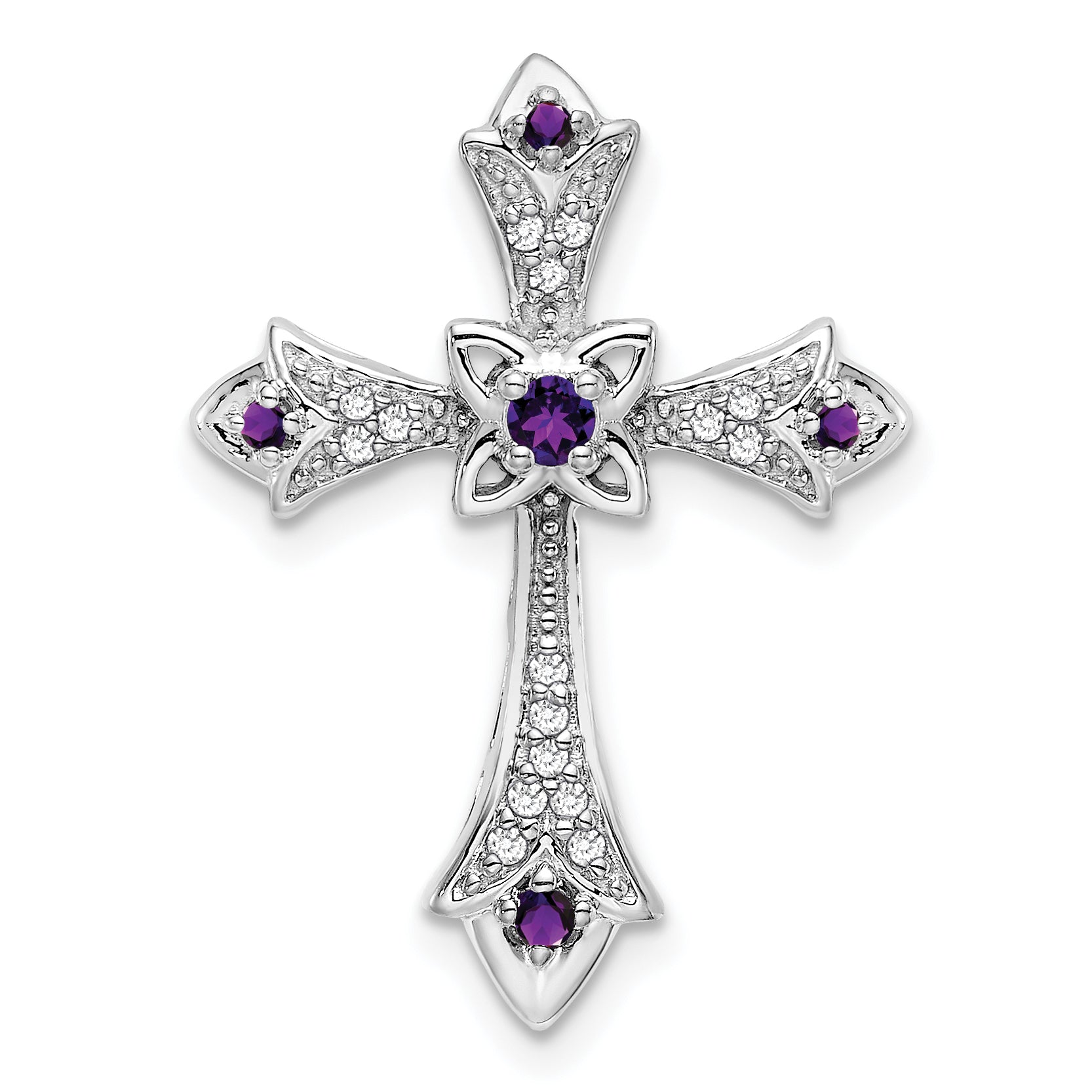 10K White Gold Amethyst And Diamond Fleur De Lis Cross Chain Slide