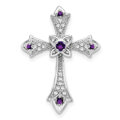 10K White Gold Amethyst And Diamond Fleur De Lis Cross Chain Slide