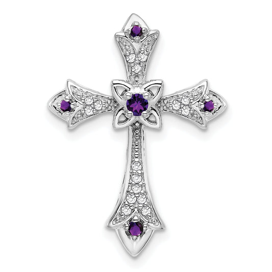 10K White Gold Amethyst And Diamond Fleur De Lis Cross Chain Slide