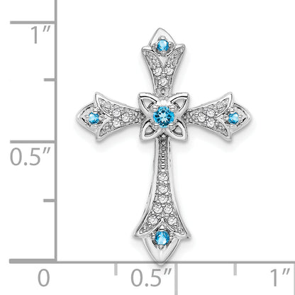 10K White Gold 10K Blue Topaz And Diamond Fleur De Lis Cross Chain Slide