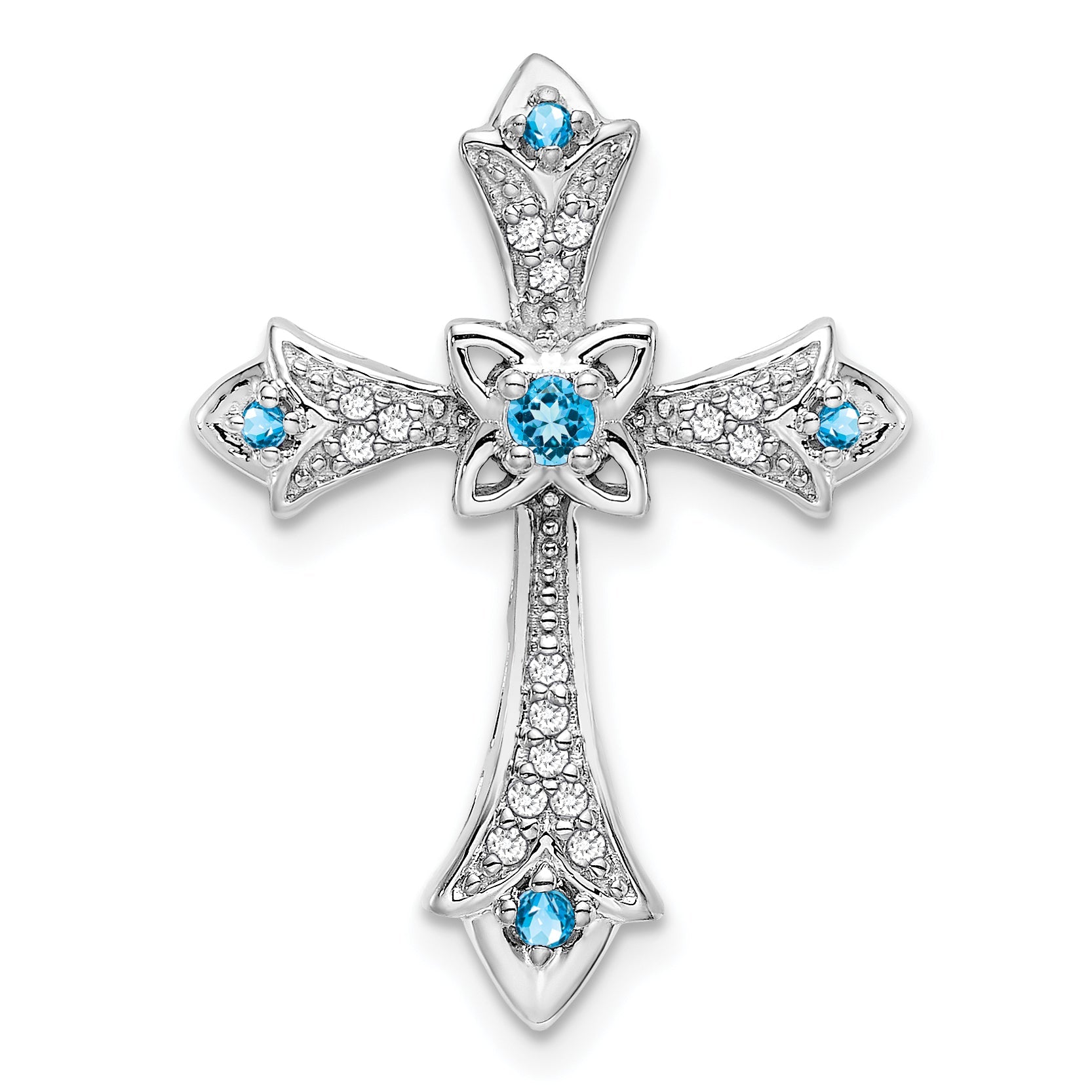 10K White Gold 10K Blue Topaz And Diamond Fleur De Lis Cross Chain Slide