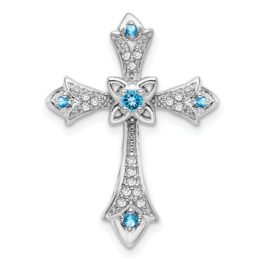 10K White Gold 10K Blue Topaz And Diamond Fleur De Lis Cross Chain Slide