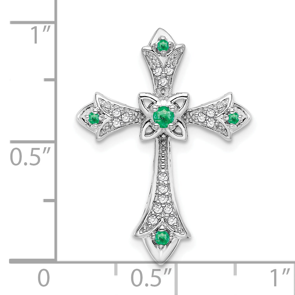 10K White Gold 10K Emerald And Diamond Fleur De Lis Cross Chain Slide