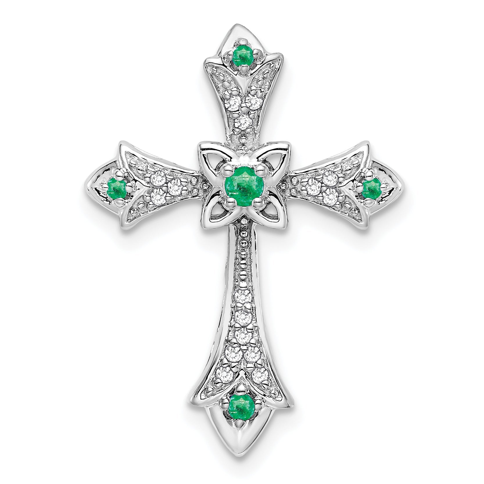 10K White Gold 10K Emerald And Diamond Fleur De Lis Cross Chain Slide