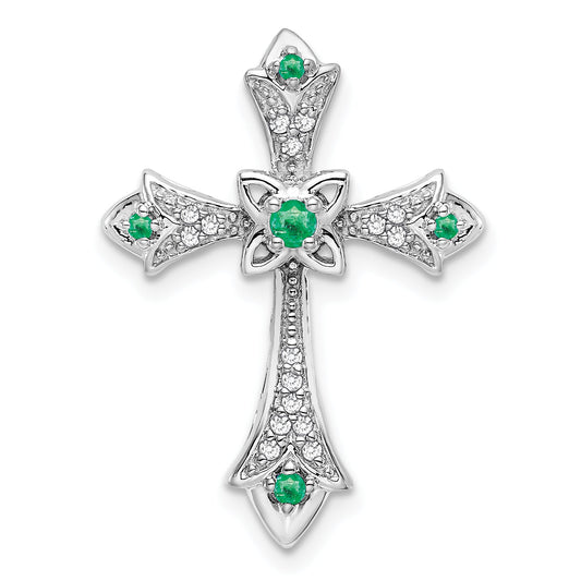 10K White Gold 10K Emerald And Diamond Fleur De Lis Cross Chain Slide