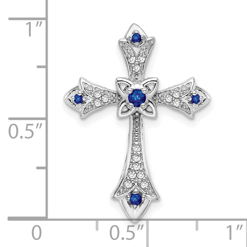 10K White Gold 10K Sapphire And Diamond Fleur De Lis Cross Chain Slide