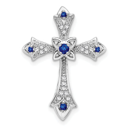 10K White Gold 10K Sapphire And Diamond Fleur De Lis Cross Chain Slide