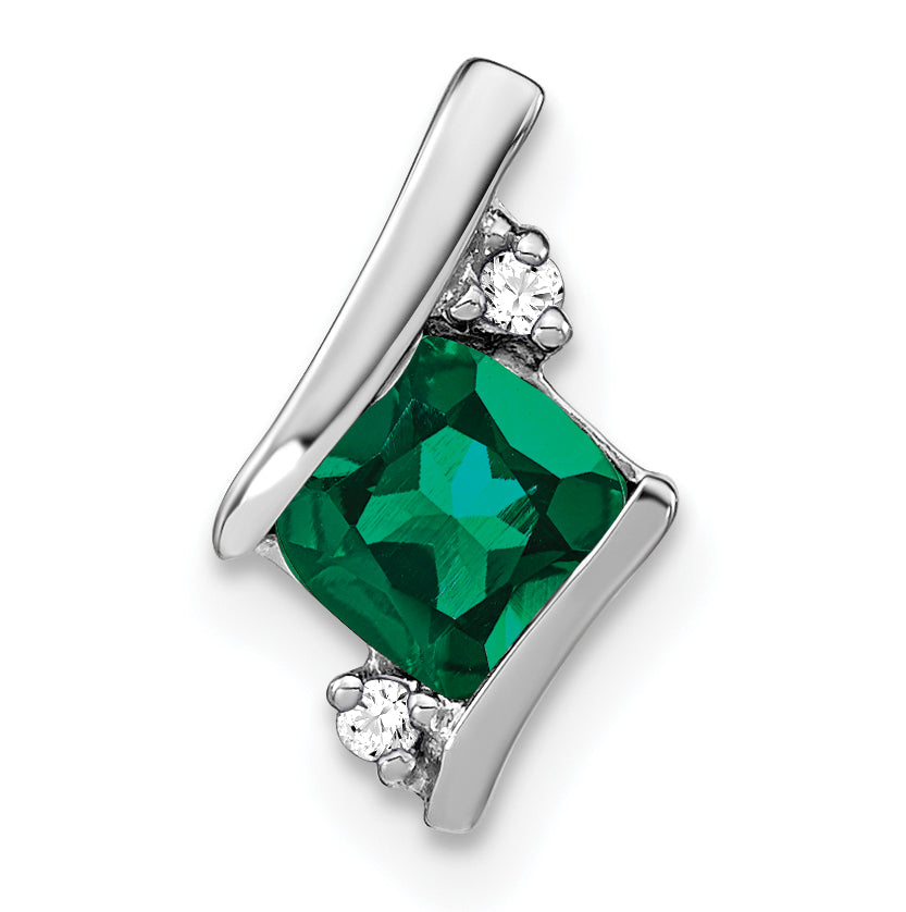 10K White Gold Cushion Cr. Emerald And Diamond Chain Slide