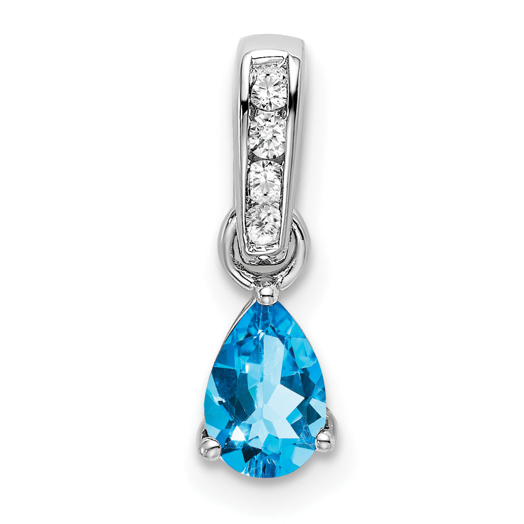 10K White Gold Pear Blue Topaz And Diamond Pendant