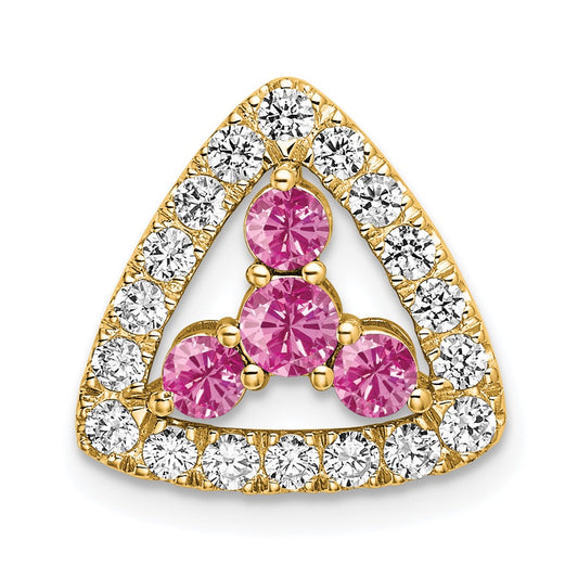 14k Yellow Gold Pure Serenity 3/8 Ct. Lab Grown Diamond VS/SI+ G+ and Lab Created Pink Sapphire Triangle Pendant