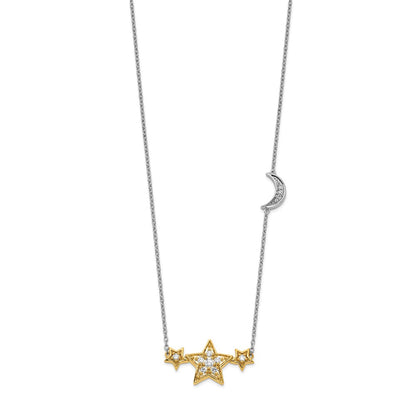 14K Two Tone 1/5 Carat Lab Grown Diamond Vs/Si+ G+ Stars With Moon 18 Inch Necklace