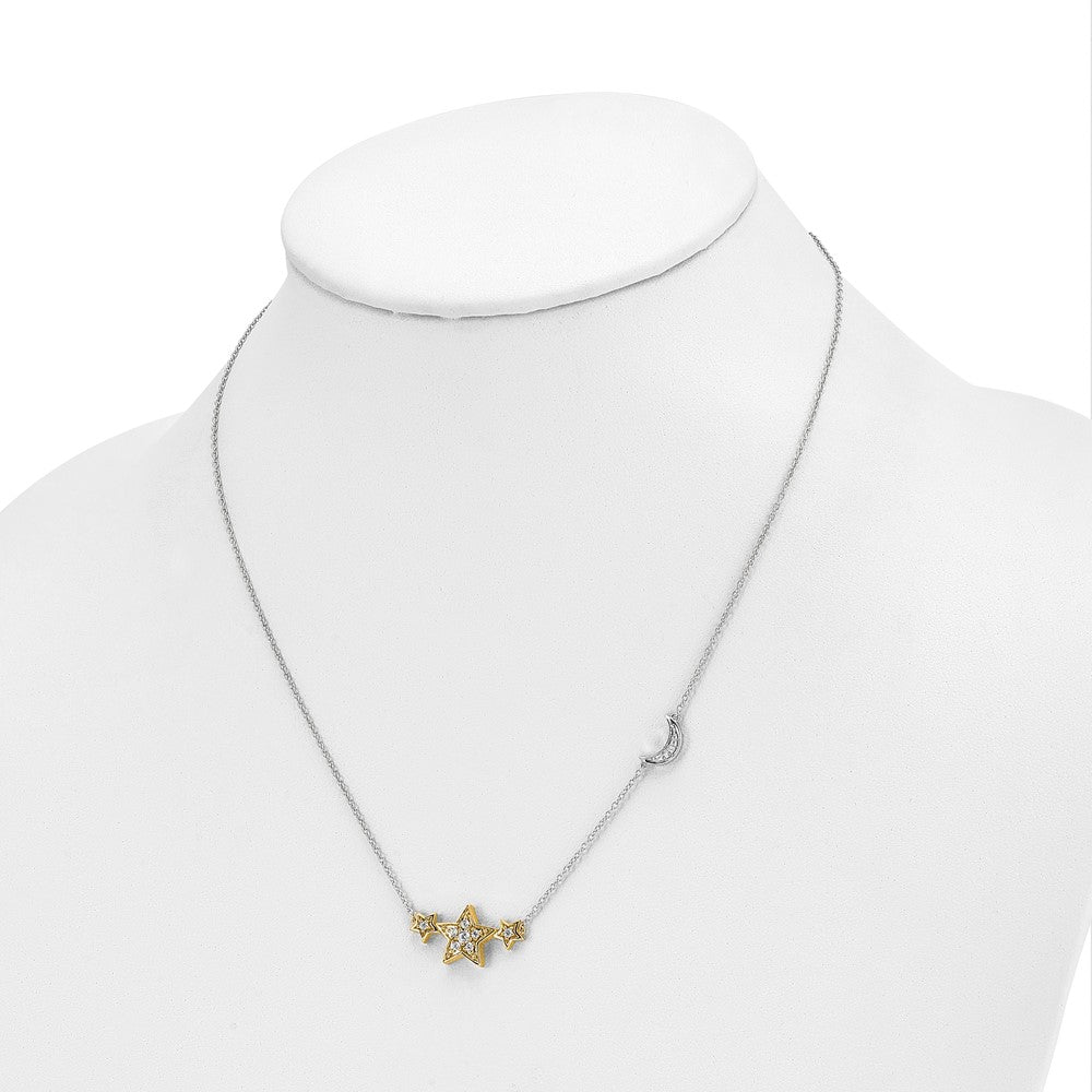 14K Two Tone 1/5 Carat Lab Grown Diamond Vs/Si+ G+ Stars With Moon 18 Inch Necklace