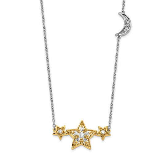 14K Two Tone 1/5 Carat Lab Grown Diamond Vs/Si+ G+ Stars With Moon 18 Inch Necklace
