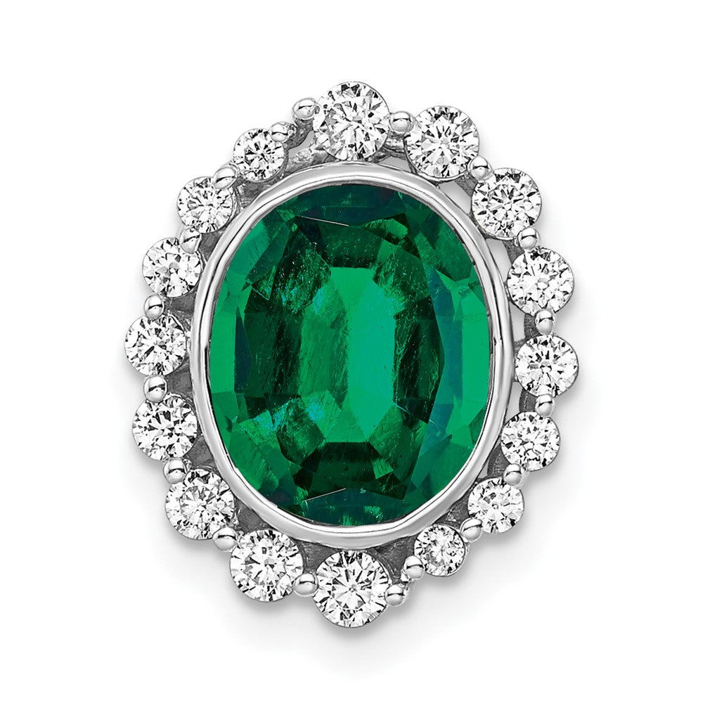 14k White Gold 1/2 Ct. Lab Grown Diamond VS/SI and Oval Lab Created Emerald Halo Chain Slide Pendant