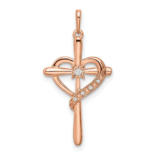 14K Rose Gold Cross Heart Diamond Pendant