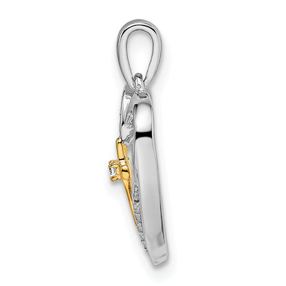 14K Two Tone Heart With Cross Diamond Pendant